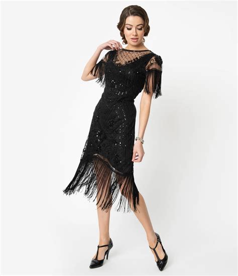 Unique Vintage 1920s Black Beaded Fringe Sleeve Nadine Flapper Dress Fringe Flapper Dress