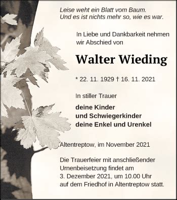 Traueranzeigen Von Walter Wieding Trauer Nordkurier