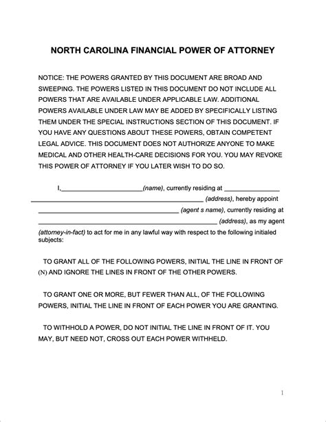 Power Of Attorney Form Nc Printable