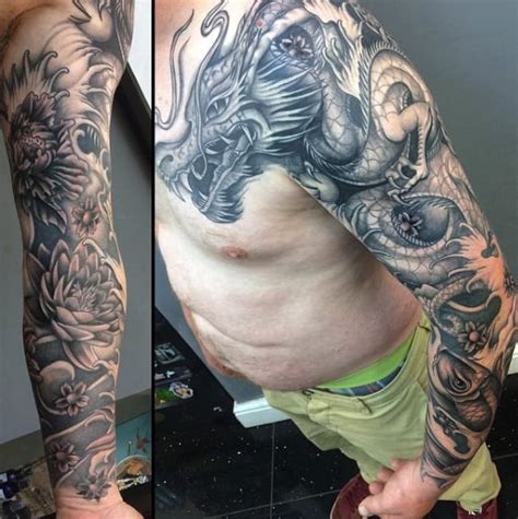 Black ink celtic dragon tattoo on left half sleeve. 100 Dragon Sleeve Tattoo Designs For Men - Fire Breathing ...