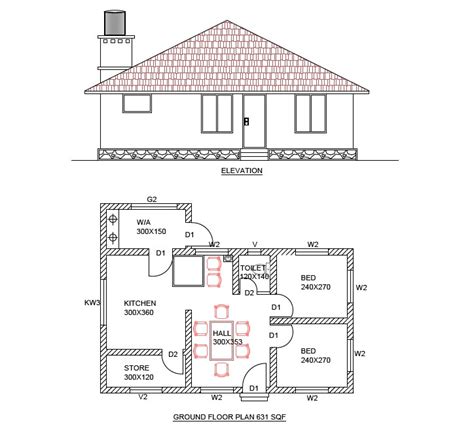 House Plan And Front Elevation Drawing Pdf File 630 Sqf Cadbull