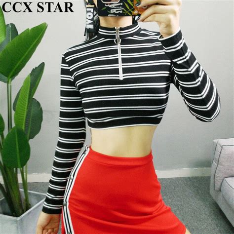 Ccx Star Women Black White Stripe Knitted Crop Top Turtleneck Zipper Long Sleeve Slim Female