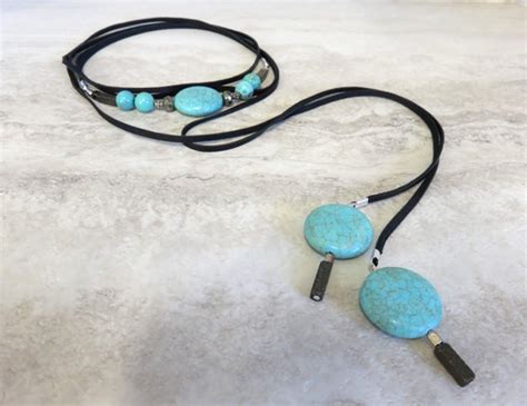 Turquoise Wrap Necklace With Leather Bohemian Black Leather