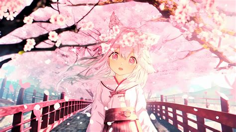 Download Wallpaper 1920x1080 Girl Ears Neko Kimono Flowers Spring Anime Full Hd Hdtv Fhd