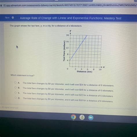 the graph shows the taxi fare y in is city for a distance of x kilometers which statement is