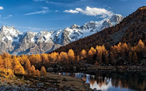 Nature Landscape Fall Mountain Lake Forest Alps Italy Snowy Peak Trees Wallpapers Hd