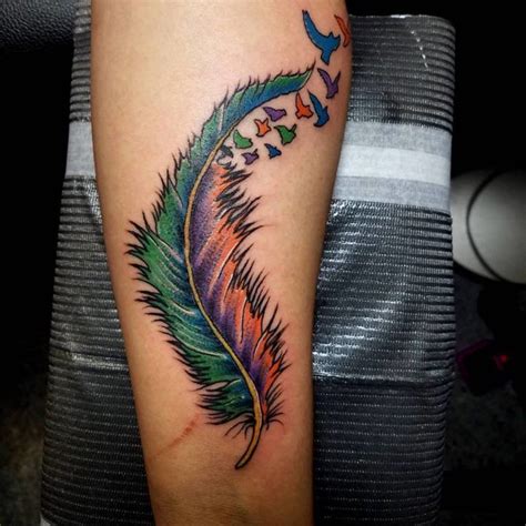 Colorful Feather And Birdies Tattoo Feather Tattoos Feather Tattoo