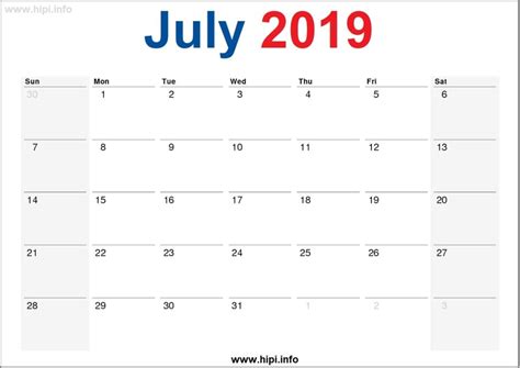 July 2019 Calendar Printable Monthly Calendar Free