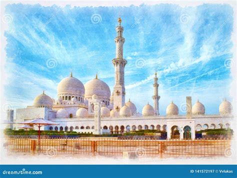 Sheikh Zayed Grand Mosque Watercolor Painting Stock Image