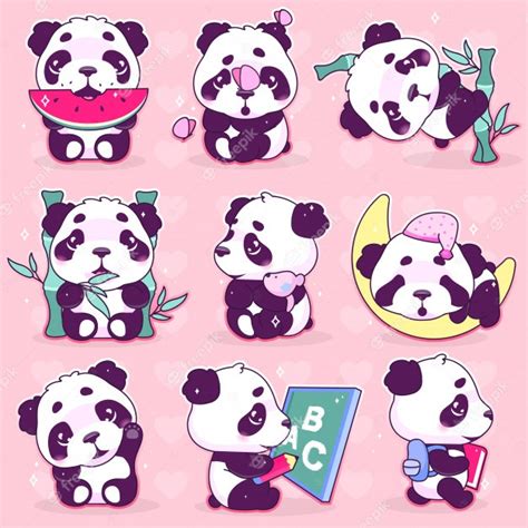 Premium Vector Cute Panda Kawaii Cartoon Vector Characters Set