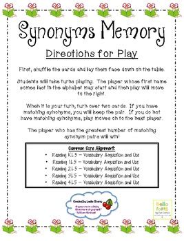 Synonyms Memory (Common Core Aligned) by Cherry Rocks | TpT