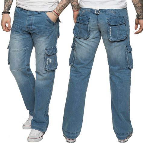 New Enzo Mens Designer Cargo Combat Work Jeans Blue Denim Pants All
