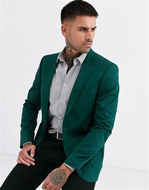 Asos Design Skinny Cotton Blazer In Green Asos Mens Green Blazer