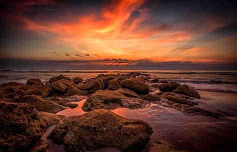 Wallpaper Sunlight Landscape Sunset Sea Rock Shore Reflection