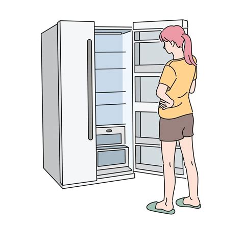 The Back Of A Woman Opening An Empty Refrigerator Hand Drawn Style