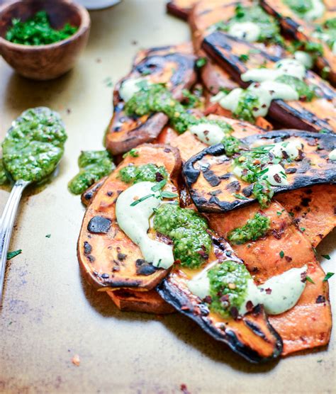 Grilled Sweet Potatoes With Cilantro Cream And Quick Chimichurricooking