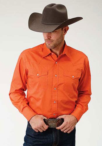 Roper Poplin Long Sleeve Snap Front Western Shirt Orange Men S