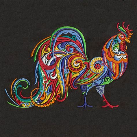 A Colorful Rooster Is Standing On The Black Ground With Its Tail Curled Up And Its Eyes Closed