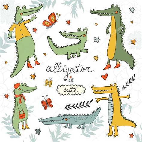 Alligator Is Cute Colourful Hand Drawn Set Of Crocodiles And