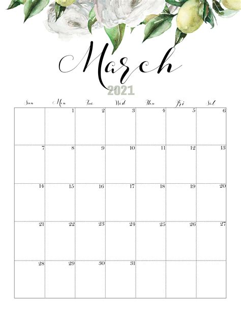 Floral March 2021 Calendar Cute Latest Calendar Printable Templates