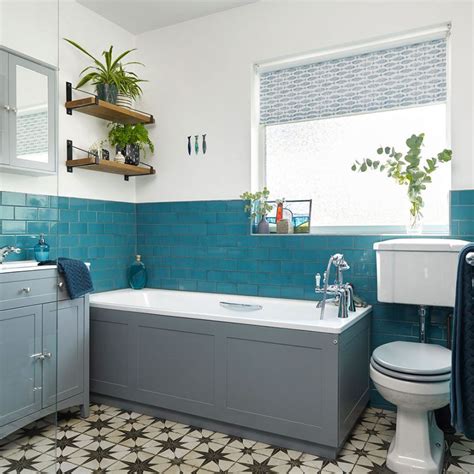 Teal Blue Bathroom Makeover With Patterned Floor And Grey Furniture 1