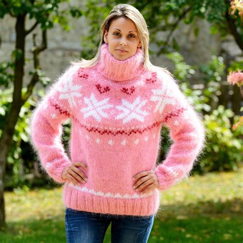 Pink White Color Icelandic Hand Knit Mohair Sweater By Extravagantza