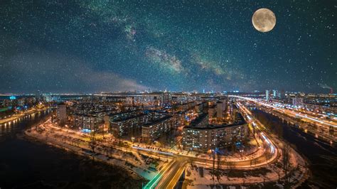 The Starry Sky With Moon Above Night City Stock Footage Sbv 334289779