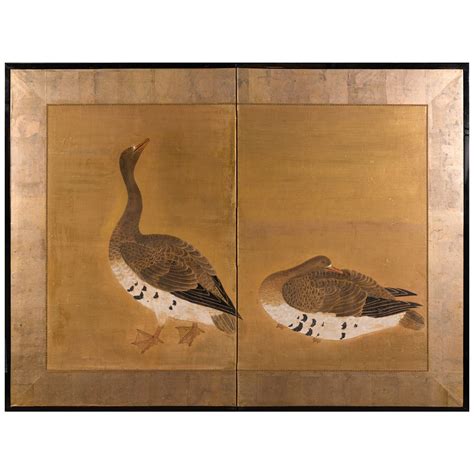 Japanese Panel Screen Hand Painted Geese On Paper 20th Century For