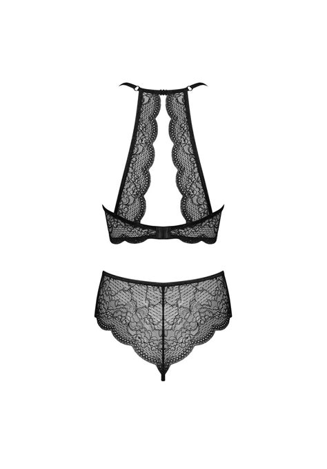 Pearlove Black Lace Cupless Lingerie Set Open Bralette Open Crotch Panties Open Chest Sexy See