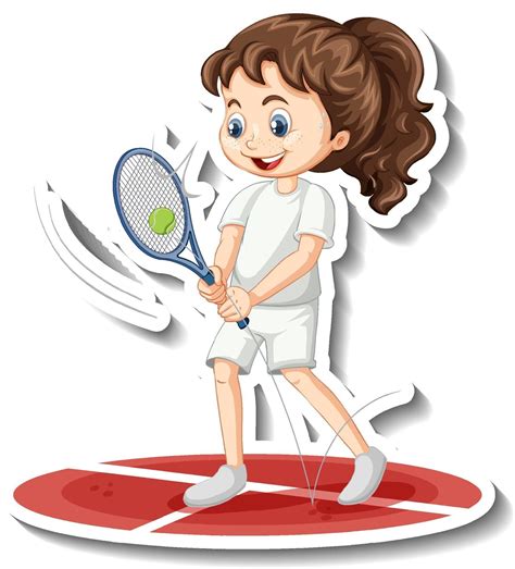 Cartoon Character Sticker With A Girl Playing Tennis 3234292 Vector Art
