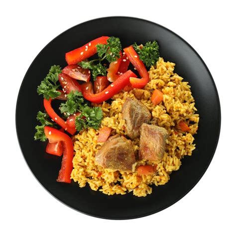 Plate With Rice Pilaf And Meat On White Top View Stock Photo Image