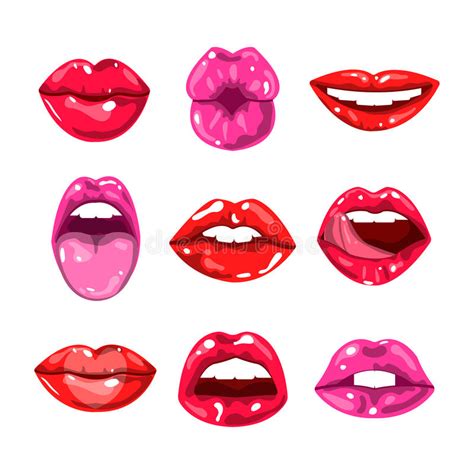 Female Glossy Colored Lips That Kiss And Show Tongue White Teeth Or
