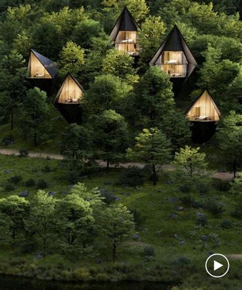An Aerial View Of The Tree Houses In The Woods With Trees Surrounding Them And Lights On
