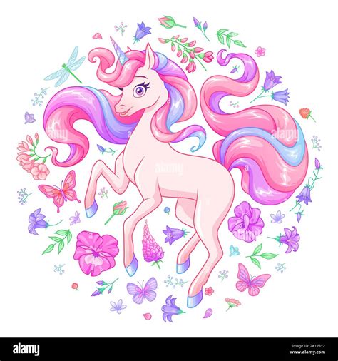 Cute Pink Unicorn Surrounded With Flowers And Butterflies Cartoon