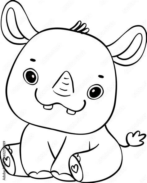 Cute Happy Cheerful Adorable Baby Rhino Cartoon Drawing Outline For