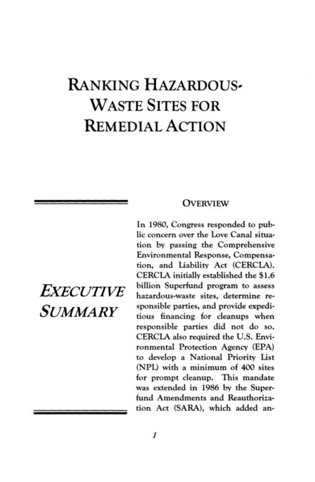 EXECUTIVE SUMMARY Ranking Hazardous Waste Sites For Remedial Action