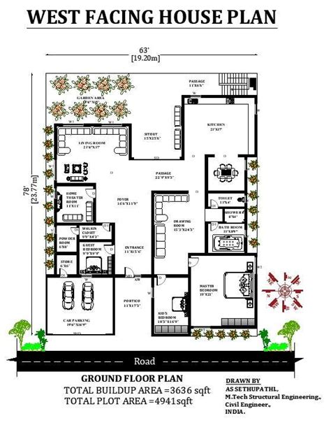 63x78 West Facing 3bhk Luxury House Plan As Per Vastu Shastra
