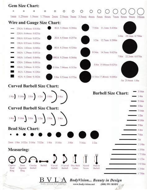 Piercing Size Chart Mesuring Wire Gauge Lenght Thickness Gem And Curved Barbell
