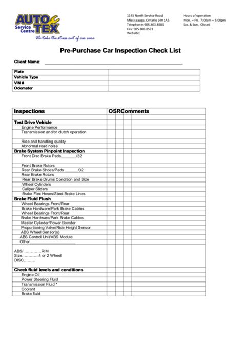 Pre Purchase Car Inspection Checklist Template Printable Pdf Download