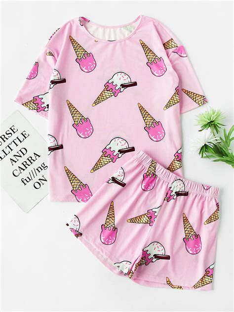 Shop Ice Cream Print Tee And Shorts Pajama Set Online Shein Offers Ice