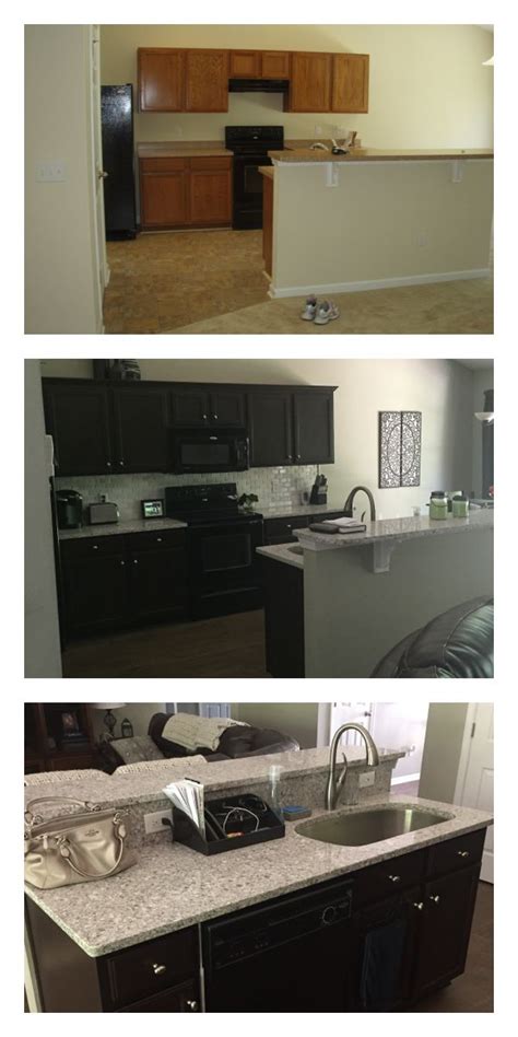 More on my experience with rustoleum cabinet transformations below. My kitchen before and after. Crown molding on cabinets. Brushed nickel hardware. Quartz counters ...