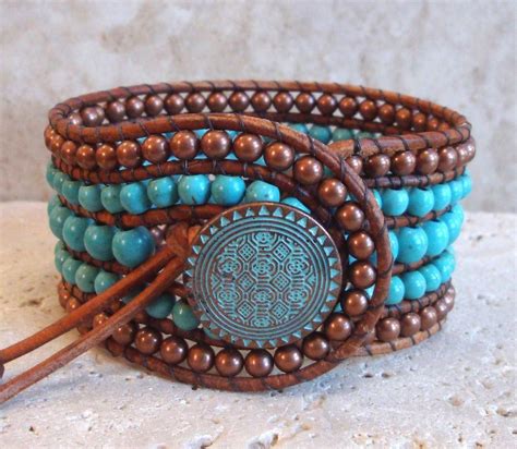 Blue Turquoise Handmade Beaded Leather Cuff Wrap Bracelet