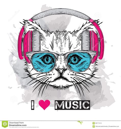 The Image Of The Cat In The Glasses And Headphones Vector