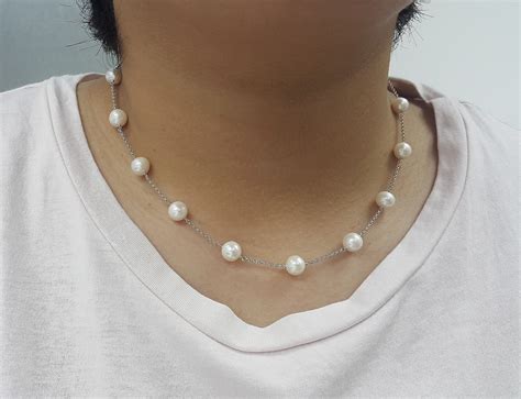 Akoya Pearl Sterling Silver Station Necklace Cultured Pearl Etsy
