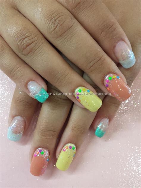 Multi Coloured Brights With Coloured Studs One Stroke Nails Gel Nail
