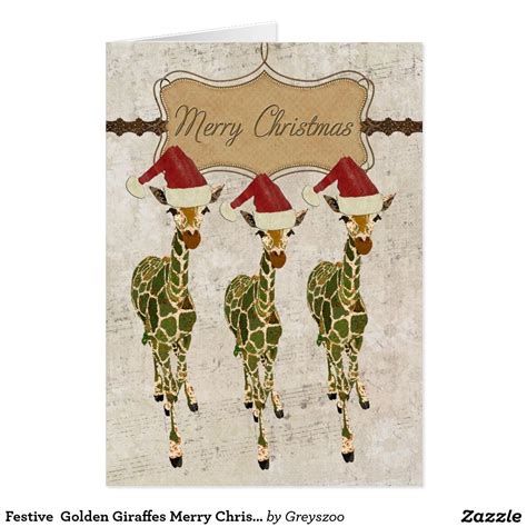 Festive Golden Giraffes Merry Christmas Card Merry