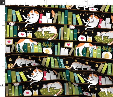 Library Cat Fabric Library Cats By Elena Naylor Cute Etsy