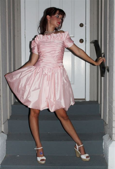 80s prom dress mini party bubble skirt pink ruched medium m short sleeve off the shoulders