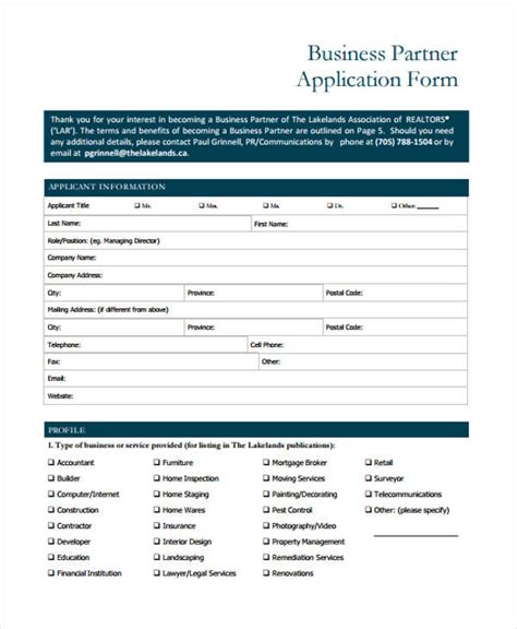 Free 13 Sample Partnership Application Forms In Pdf Ms Word