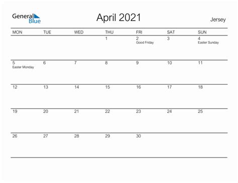 Printable April 2021 Monthly Calendar With Holidays For Jersey